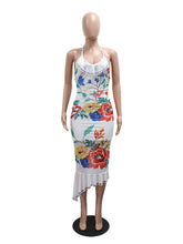 Elegant Print Backless Ruffle Hem Halter Midi Dress
